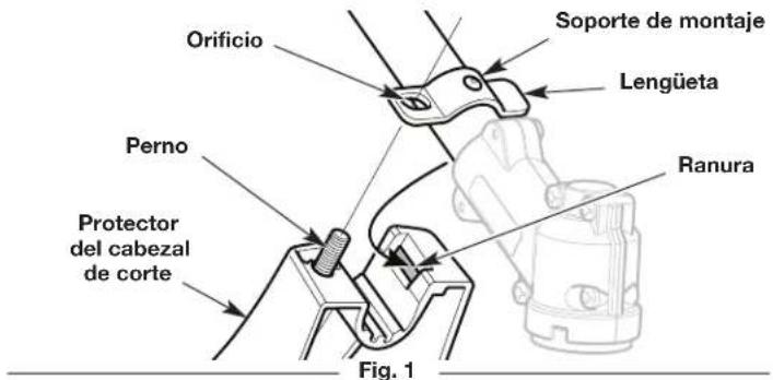 Orificio Soporte de montaje Lengüeta Perno Protector del cabezal de corte Ranura Fig. 1