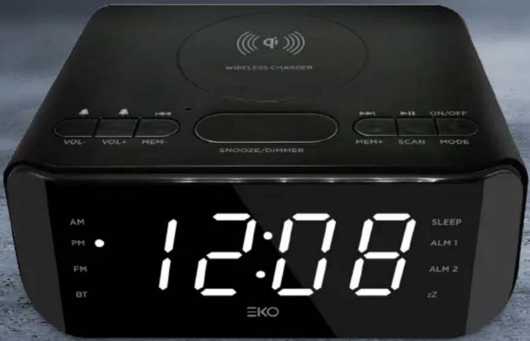WIRELESS CHARGER VOL- VOL+ MEM- SNOOZE/DIMMER AM PM FM BT 12:08 SLEEP ALM 1 ALM 2 z2 EKO
