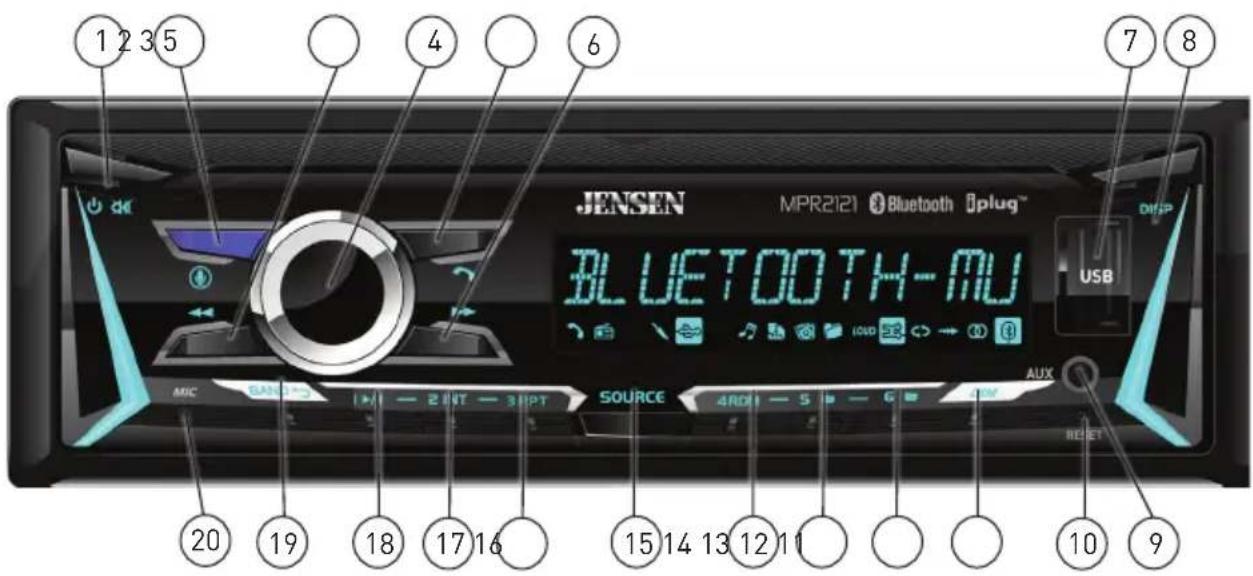 JENSEN MPR2121 Bluetooth 3.1PTM BLUETOOTH-MU USB AUX RESET 1 2 3 5 4 6 7 8 20 19 18 17 16 15 14 13 12 11 10 9