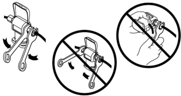Diagram illustrating three mechanical clamp mechanisms with directional arrows and prohibition signs