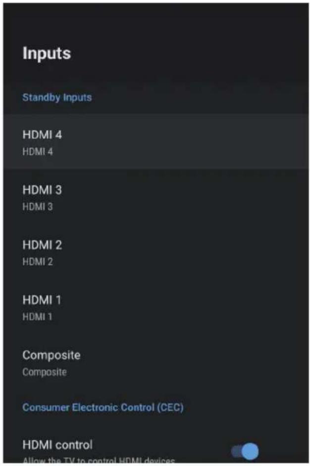 Inputs Standby Inputs HDMI 4 HDMI 4 HDMI 3 HDMI 3 HDMI 2 HDMI 2 HDMI 1 HDMI 1 Composite Composite Consumer Electronic Control (CEC) HDMI control Allow the TV to control HDMI devices