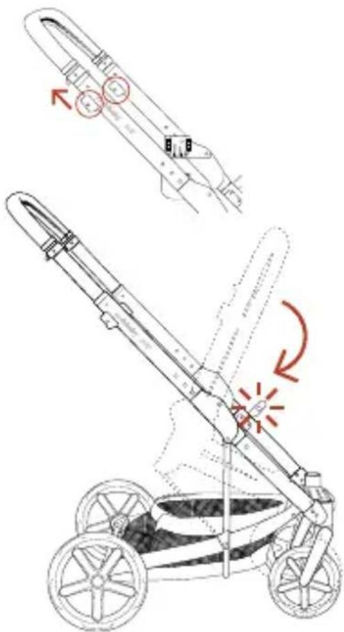 Technical diagram showing a motor stroller with labeled components and directional arrows indicating motion or assembly.