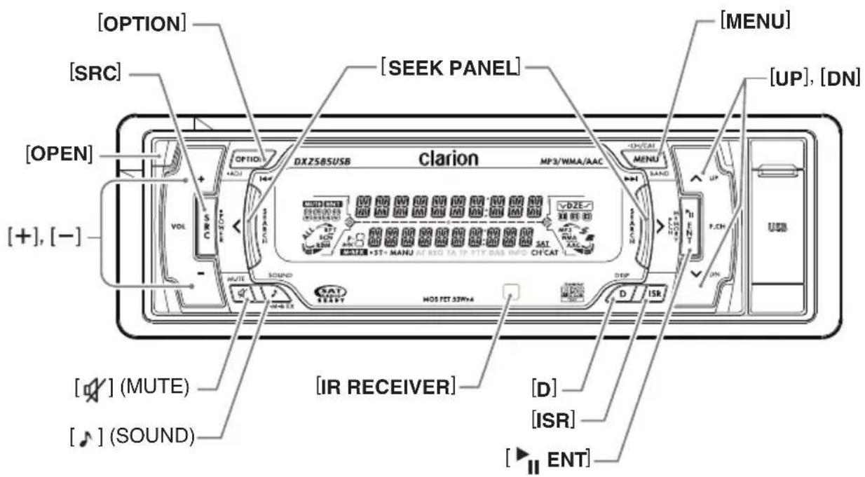 [OPTION] [SRC] [OPEN] [+, (-)] [+] (MUTE) [♪] (SOUND) [SRC] [SEEK PANEL] OXZ585/USB clarion MP3/WMA/AAC MENU D2E RBA RCA ST-MANU AT ISO TA TP PTY DAS INFO CHCAT HOS PET STMx4 D ISR [D] [ISR] ENT [UP], [DN] [MENU]