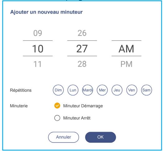 Ajouter un nouveau minuteur 09 10 26 27 AM 11 28 PM Répétitions Dim Lun Mardi Mer Jeu Ven Sam Minuterie ✓ Minuteur Démarrage ○ Minuteur Arrêt Annuler OK
