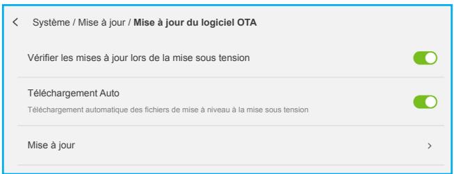 Système / Mise à jour / Mise à jour du logiciel OTA Vérifier les mises à jour lors de la mise sous tension Téléchargement Auto Téléchargement automatique des fichiers de mise à niveau à la mise sous tension Mise à jour >