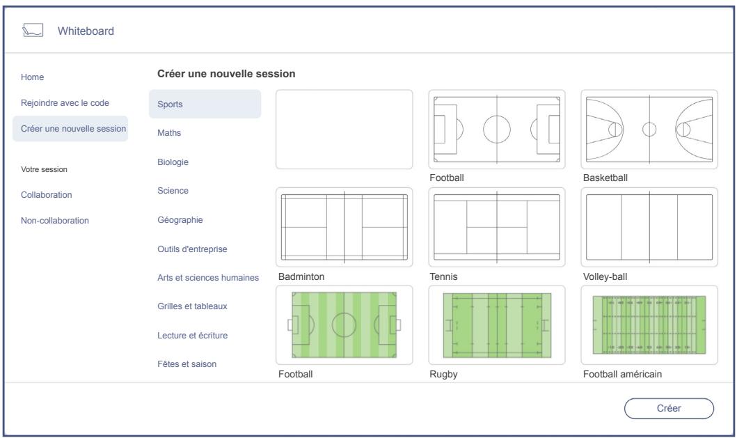 Whiteboard Home Rejoindre avec le code Créer une nouvelle session Votre session Collaboration Non-collaboration Créer une nouvelle session Sports Maths Biologie Science Géographie Outils d'entreprise Arts et sciences humaines Grilles et tableaux Lecture et écriture Fêtes et saison Football Badminton Tennis Volley-ball Football Rugby Football américain Créer