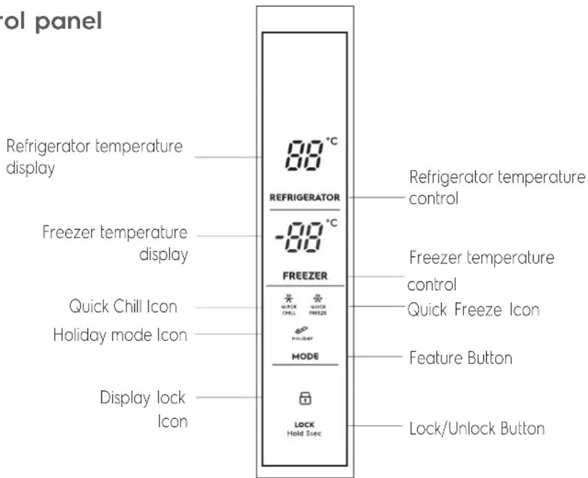 Control panel Refrigerator temperature display 88 °C REFRIGERATOR -88 °C FREEZER QUICK CHILL QUICK FRETZE HOLIDAY MODE Display lock Icon Refrigerator temperature control Freezer temperature control Quick Freeze Icon Feature Button Lock/Unlock Button Hold Sizec