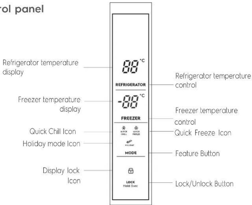Control panel Refrigerator temperature display 88 °C REFRIGERATOR -88 °C FREEZER QUICK FREEZE HOLIDATE MODE Display lock Icon Refrigerator temperature control Freezer temperature control Quick Freeze Icon Feature Button Lock/Unlock Button HOLD SIEC