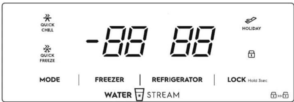 QUICK CHILL QUICK FREEZE -88 88 HOLIDAY MODE | FREEZER | REFRIGERATOR | LOCK Hold 3sec WATER * STREAM