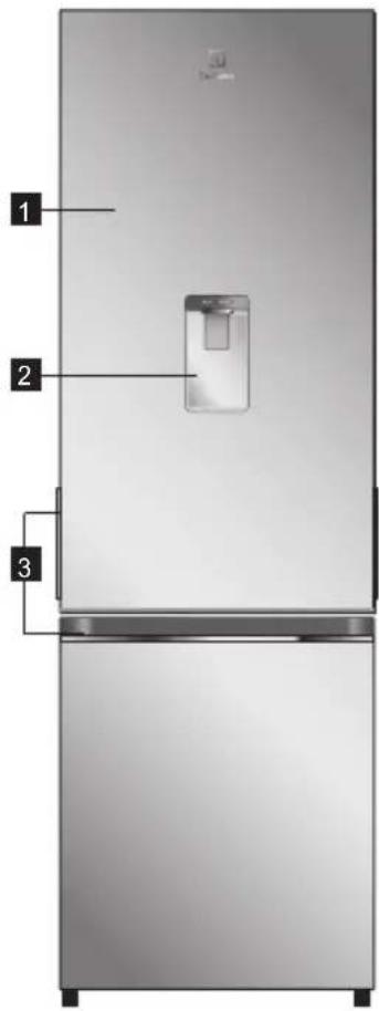 Diagram of a refrigerator with labeled parts including front, back, and interior views