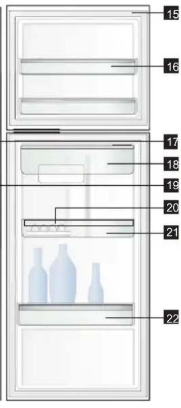 Diagram of a refrigerator interior with numbered compartments and bottles, likely for labeling or categorization.