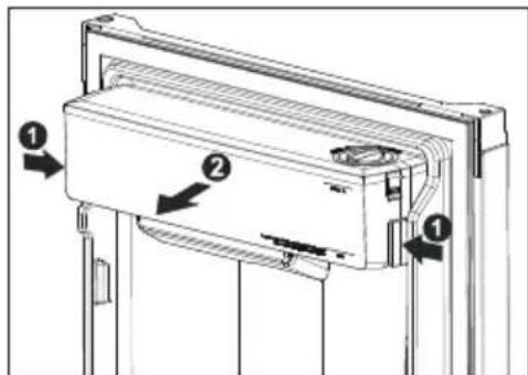 Technical diagram of a front panel with labeled components and directional arrows indicating assembly or movement.