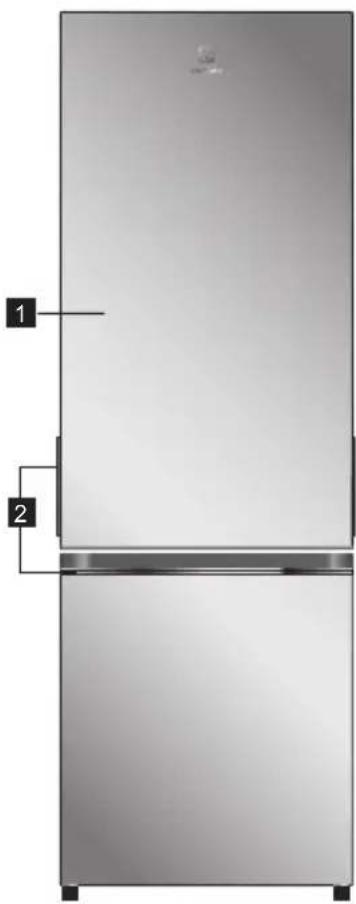 Diagram of a refrigerator with labeled parts, showing front and side views with numbered labels.