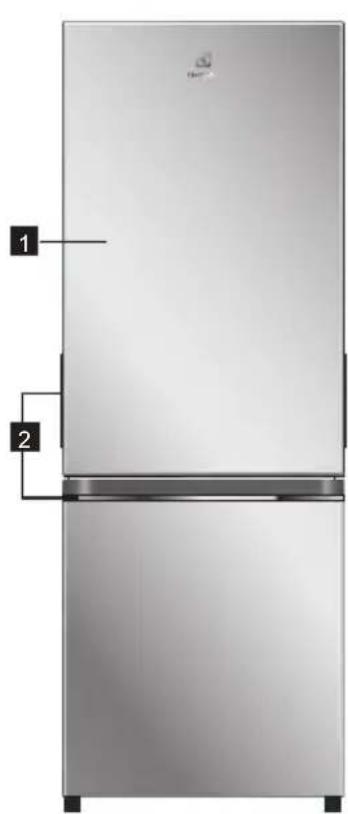 Diagram of a refrigerator with labeled parts, showing front and side views with numbered labels.