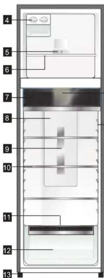 Labeled diagram of a refrigerator interior with numbered compartments and fixtures