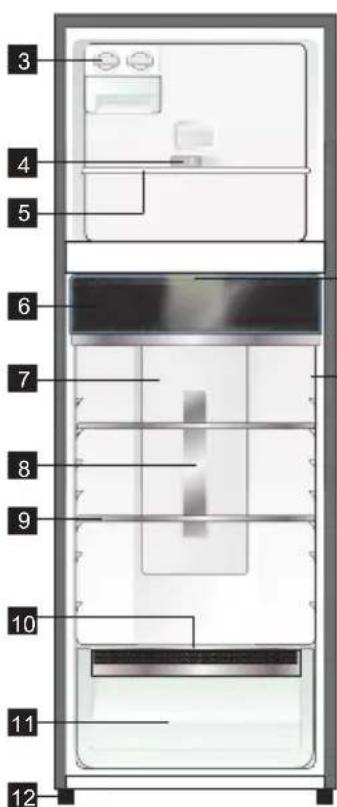 Diagram of a refrigerator interior with numbered compartments labeled 3 through 12