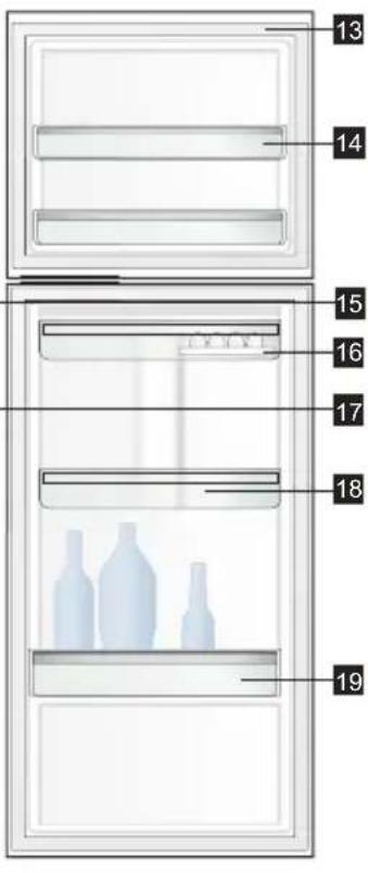Diagram of a refrigerator with numbered labels pointing to the doors and bottles inside.