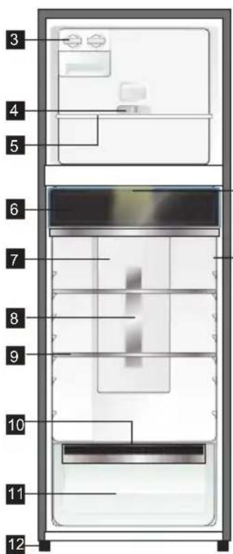 Diagram of a refrigerator interior with numbered compartments labeled 3 through 12