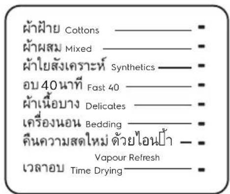 ผ้าฝ่าย Cottons ผ้าผสม Mixed ผ้าไยสังเคราะห์ Synthetics อบ 40นาที Fast 40 ผ้าเนื้อบาง Delicates เครื่องนอน Bedding คืนความสดใหม่ ด้วยไอนปื้า - เวลาอบ Time Drying Vapour Refresh