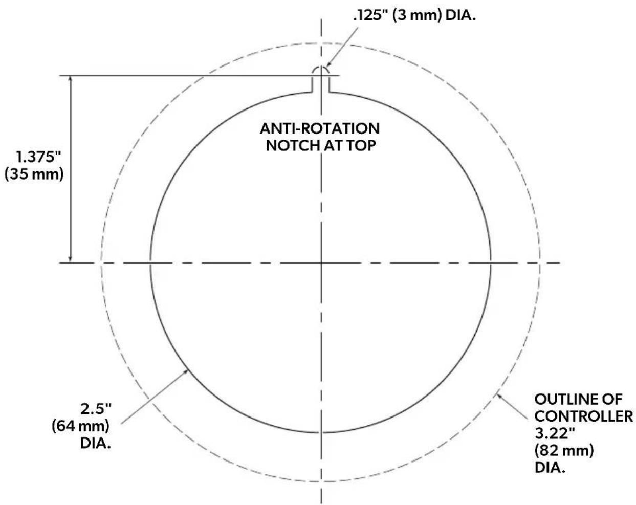 .125" (3 mm) DIA. ANTI-ROTATION NOTCH AT TOP 1.375" (35 mm) 2.5" (64 mm) DIA. OUTLINE OF CONTROLLER 3.22" (82 mm) DIA.