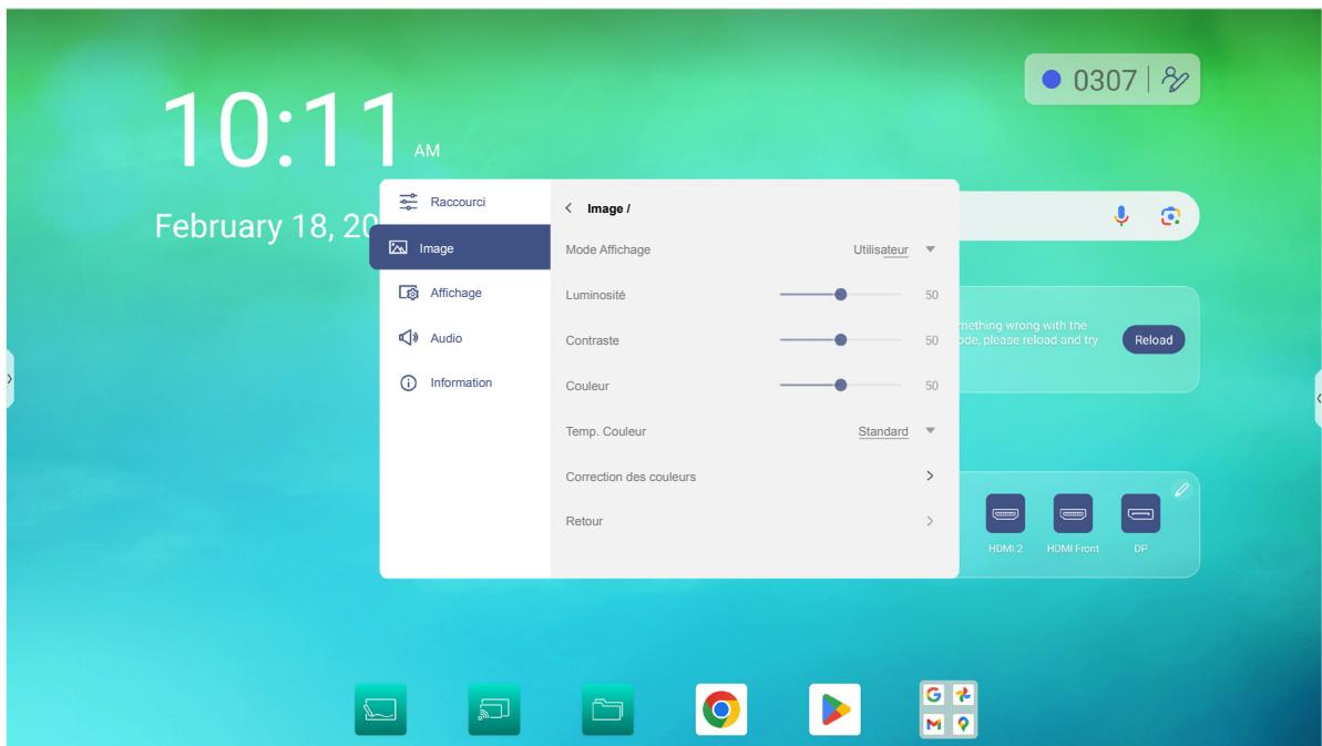 10:11 AM February 18, 20 Raccourci Image Mode Affichage Utilisateur Luminosité 50 Contraste 50 Couleur 50 Temp. Couleur Standard Correction des couleurs Retour 0307 | Something wrong with the code, please reload and try Reload HDMI 2 HOMI Front DP