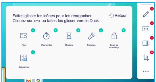 Faites glisser les icônes pour les réorganiser. Cliquez sur «+» ou faites-les glisser vers le Dock. Retour Figer Chronomètre Minuterie Projecteur Écran de verrouillage Calculatrice