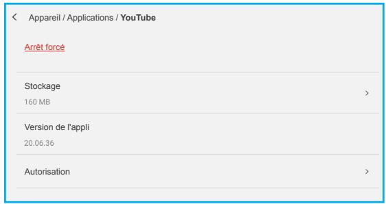 < Apparel / Applications / YouTube Arrêt forcé Stockage 160 MB > Version de l'appli 20.06.36 Autorisation >