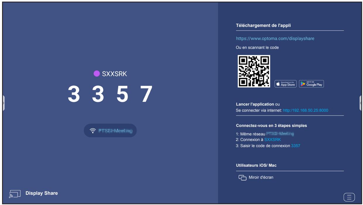 SXXSRK 3 3 5 7 PTX2-Mylabeling Display Share Téléchargement de l'appli https://www.optoma.com/displayshare Ou en scannant le code Downloaded on the App Store GETT ON Google Play Lancer l'application ou Se connecter via internet: http://192.168.50.25:8000 Connectez-vous en 3 étapes simples 1: Même réseau PTSX2-Meiling 2: Connexion à SXXSRK 3: Saisir le code de connexion 3357 Utilisateurs iOS/ Mac Miroir d'écran