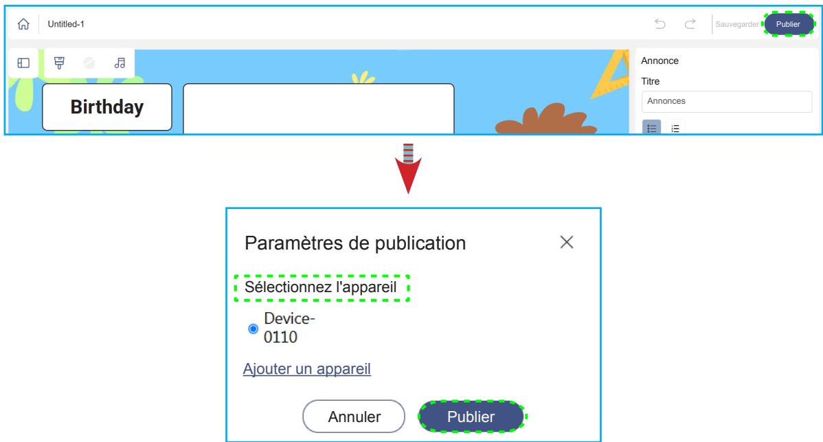 Untitled-1 Birlday Annonce Titre Annonces Publier Paramètres de publication Sélectionnez l'appareil Device- 0110 Ajouter un appareil Annuler Publier