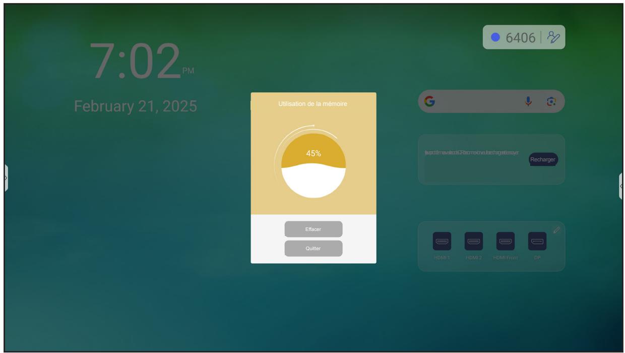 7:02 PM February 21, 2025 Utilisation de la mémoire 45% Effacer Quitter 6406 | Juploémevalité Remonture Lauchagéssay Recharger HDMI 1 HDMI 2 HDMI Front DP