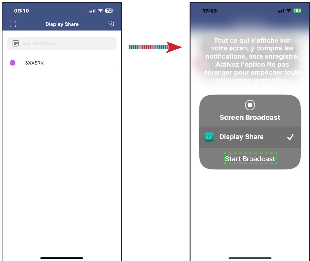 09:10 Display Share e.g. 192.168.43.1 SXXSRK 17:53 Tout ce qui s'affiche sur votre écran, y compris les notifications, sera enregistré. Activez l'option Ne pas déranger pour empêcher toute notification inattendue. Screen Broadcast Display Share ✓ Start Broadcast