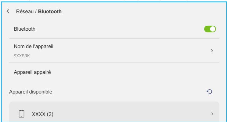 Réseau / Bluetooth Bluetooth Nom de l'appareil SXXSRK Appareil appairé Appareil disponible XXXX (2)