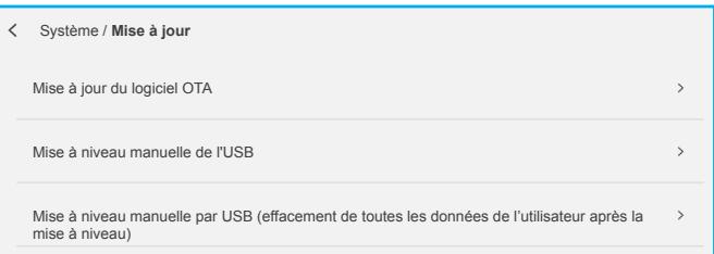 Système / Mise à jour Mise à jour du logiciel OTA > Mise à niveau manuelle de l'USB > Mise à niveau manuelle par USB (effacement de toutes les données de l'utilisateur après la mise à niveau) >