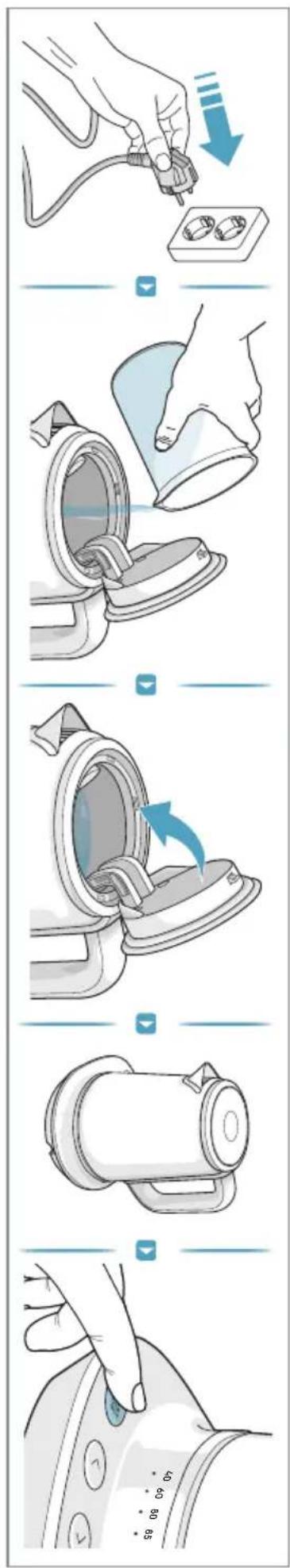 Illustration showing a hand inserting a plug into a device, with numbered parts and directional arrows indicating process steps.