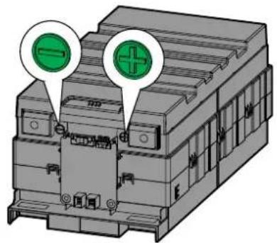 Technical diagram of an electrical component with green and plus symbols indicating positive and negative terminals.