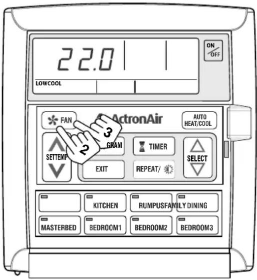22.0 LOWCOOL FAN ACTRONAir AUTO HEAT/COOL SETTEMP GRAM TIMER SELECT EXIT REPEAT/ KITCHEN RUMPUSFAMILY DINING MASTERBED BEDROOM1 BEDROOM2 BEDROOM3