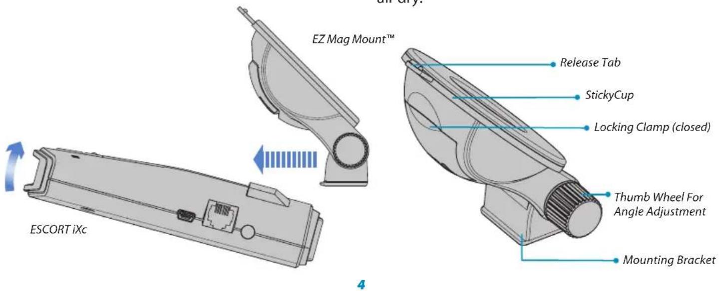 EZ Mag Mount™ Release Tab StickyCup Locking Clamp (closed) Thumb Wheel For Angle Adjustment Mounting Bracket ESCORT iXc 4