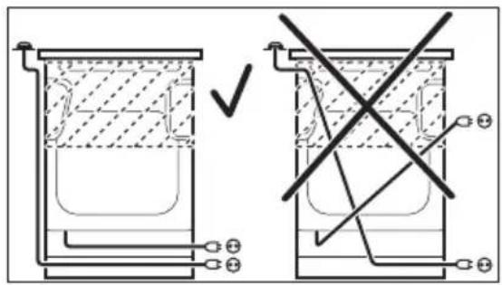 Technical diagram showing two cross-sectional views of a container with labeled components and a checkmark indicating a validation or modification point.