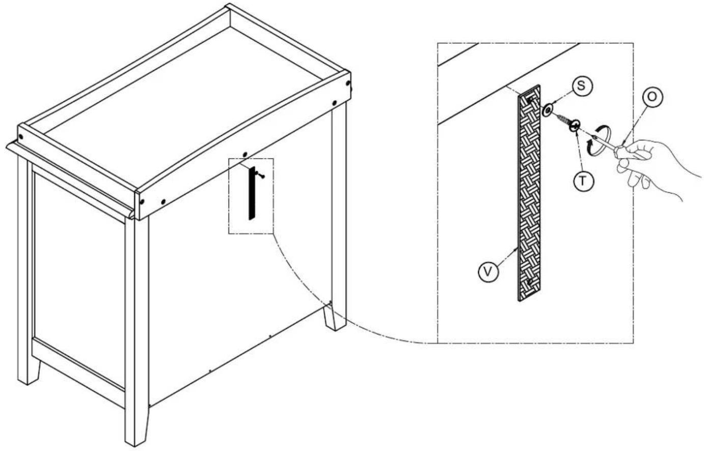 Technical diagram showing a wooden cabinet with a hanging component and its internal structure, including labeled parts S, O, T, and V.