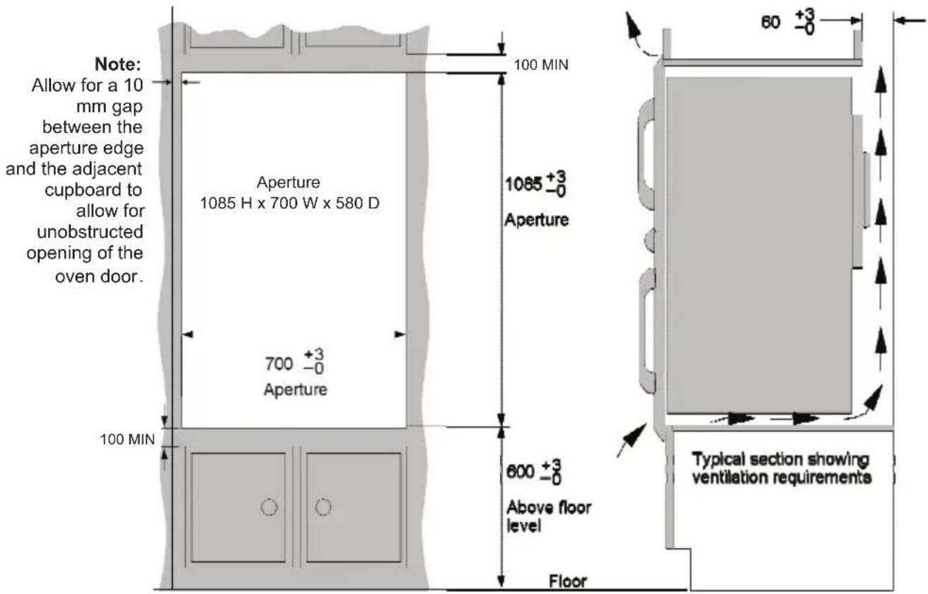Note: Allow for a 10 mm gap between the aperture edge and the adjacent cupboard to allow for unobstructed opening of the oven door. Aperture 1085 H x 700 W x 580 D 700 +3 -0 Aperture 100 MIN 100 MIN 1085 +3 -0 Aperture 600 +3 -0 Above floor level Floor Typical section showing ventilation requirements