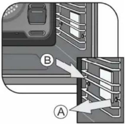 Diagram showing a device with labeled components A and B, indicating directional movement or assembly.