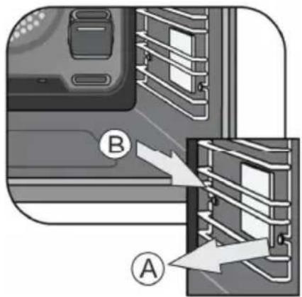 Diagram showing a device with labeled components A and B, indicating directional movement or assembly.