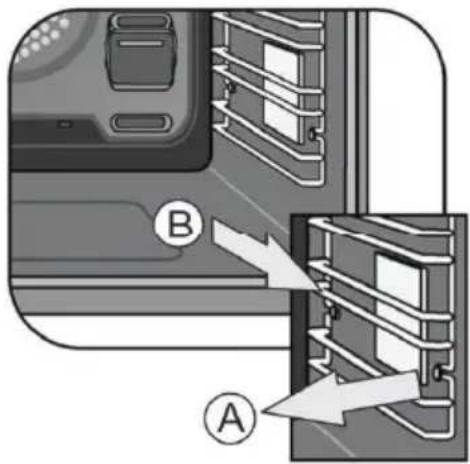 Diagram showing a device with labeled components A and B, indicating a mechanical or electrical assembly step.