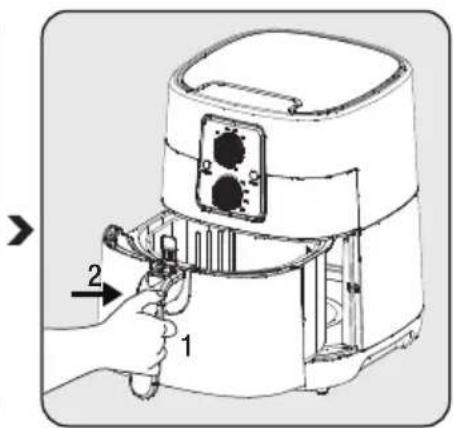 Diagram of an air fryer with labeled parts and directional arrows indicating process flow