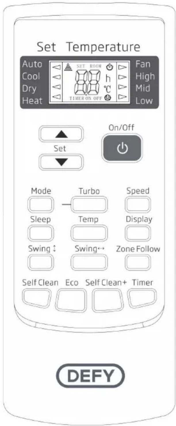 Set Temperature Auto Cool Dry Heat SET ROOM h TIMER ON OFF Fan High Mid Low On/Off Set Mode Sleep Swing ↑ Turbo Temp Swing← Speed Display Zone Follow Self Clean Eco Self Clean+ Timer DEFY