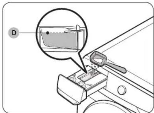 Diagram showing a car interior with a magnified inset of a container and a tool, labeled with 'D' and an arrow pointing to the container.