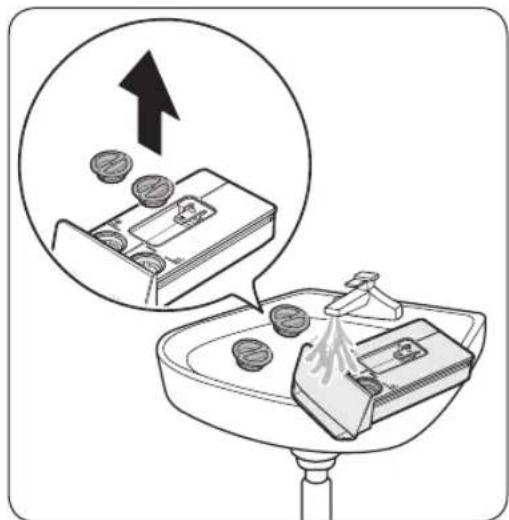 Illustration showing a hand washing clothes with a magnified view of falling clothes, indicating a warning or safety concern.