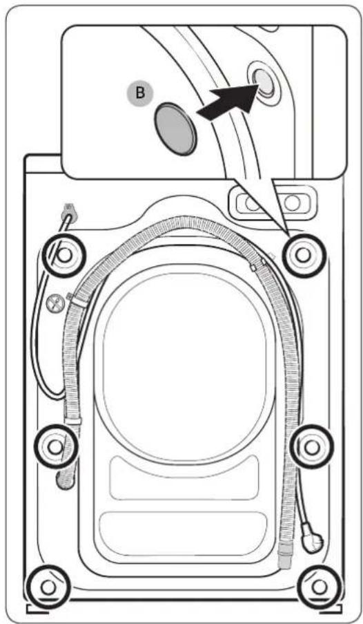 Technical diagram of a device rear panel with labeled components and directional arrow indicating movement or flow.
