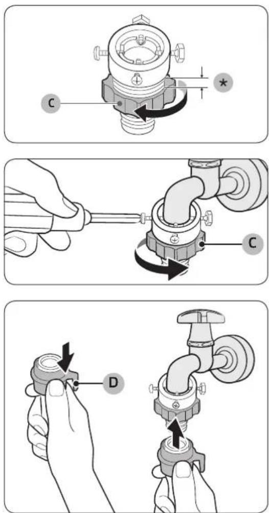 Diagram illustrating three-step installation of a water tap wrench, showing step C, hand-cranking, and disassembly with labeled parts D.