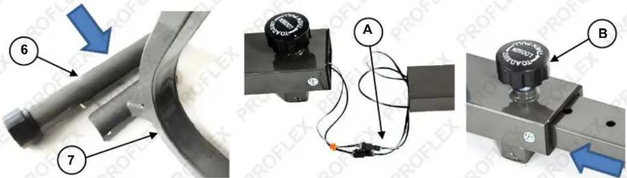 Technical diagram showing three mechanical components with labeled parts and directional arrows indicating motion or assembly.
